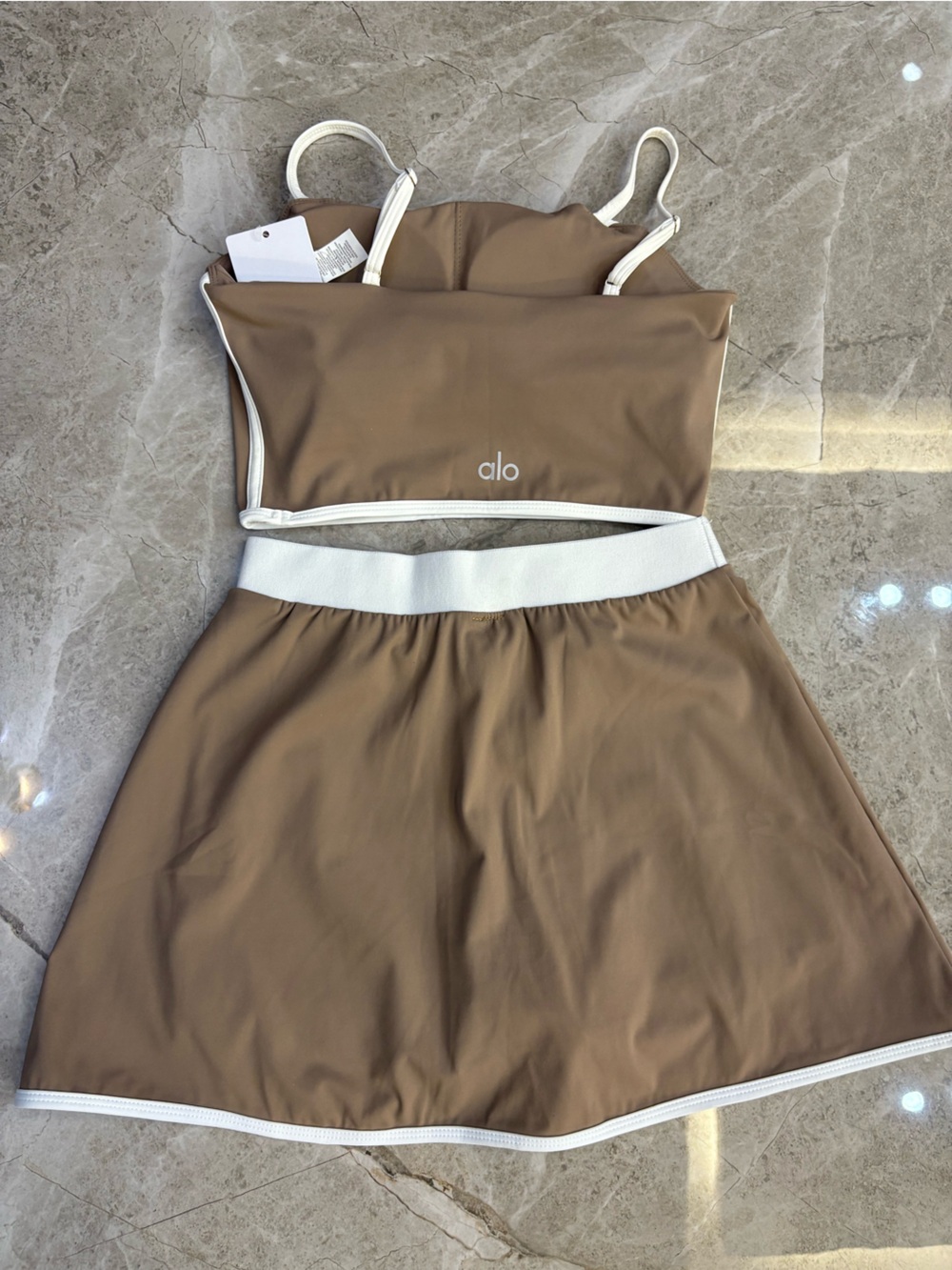 ALO Yoga Tan and White Backless Crop Top & Skirt Set - Picture 2 of 7